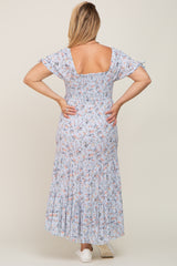 Light Blue Floral Tiered Plus Maternity Maxi Dress