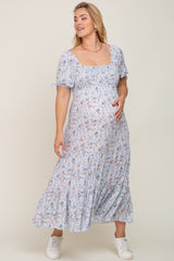 Light Blue Floral Tiered Plus Maternity Maxi Dress