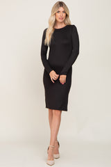 Black Ribbed Basic Long Sleeve Midi Dress