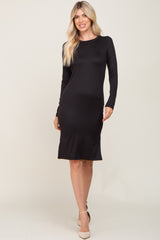 Black Ribbed Basic Long Sleeve Midi Dress