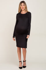 Black Ribbed Basic Long Sleeve Maternity Midi Dress