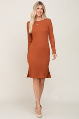 Rust Ribbed Basic Long Sleeve Maternity Midi Dress