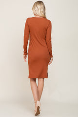 Rust Ribbed Basic Long Sleeve Midi Dress