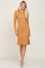 Camel Ribbed Basic Long Sleeve Midi Dress