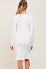 White Ribbed Basic Long Sleeve Maternity Midi Dress