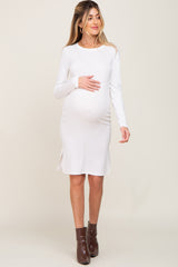 White Ribbed Basic Long Sleeve Maternity Midi Dress