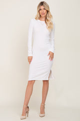 White Ribbed Basic Long Sleeve Midi Dress