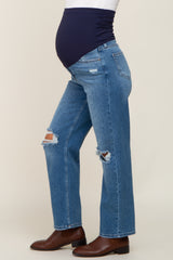 Blue Distressed Knee Straight Maternity Jeans