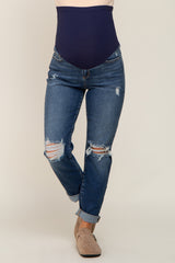 Navy Blue Distressed Open Knee Maternity Cuffed Jeans