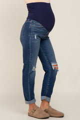 Navy Blue Distressed Open Knee Maternity Cuffed Jeans