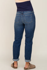 Navy Blue Distressed Open Knee Maternity Cuffed Jeans