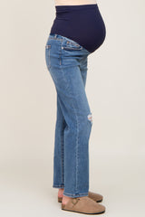 Blue Distressed Maternity Straight Leg Jeans