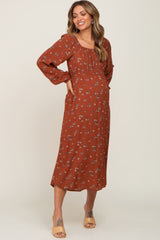 Rust Floral Long Sleeve Slit Maternity Dress