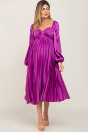 Purple Satin Pleated Maternity Midi Dress