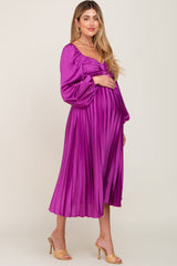 Purple Satin Pleated Maternity Midi Dress