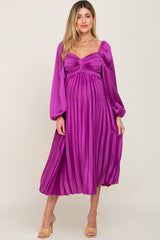 Purple Satin Pleated Maternity Midi Dress