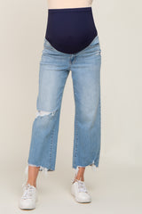 Light Blue Distressed Raw Hem Straight Maternity Jeans