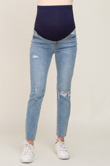 Light Blue Distressed Raw Hem Maternity Jeans