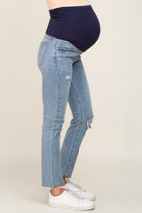 Light Blue Distressed Raw Hem Maternity Jeans