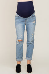 Light Blue Distressed Cuffed Hem Maternity Jeans