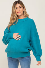 Turquoise Ribbed Knit Long Sleeve Maternity Sweater