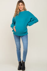 Turquoise Ribbed Knit Long Sleeve Maternity Sweater