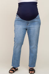 Blue Raw Hem Maternity Plus Straight Leg Jeans