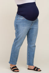 Blue Raw Hem Maternity Plus Straight Leg Jeans