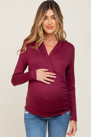 Dark Burgundy Long Sleeve Wrap Maternity Nursing Top