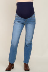 Navy Blue Raw Hem Straight Maternity Jeans