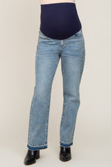 Blue Washed Out Wide Leg Frayed Hem Maternity Jean