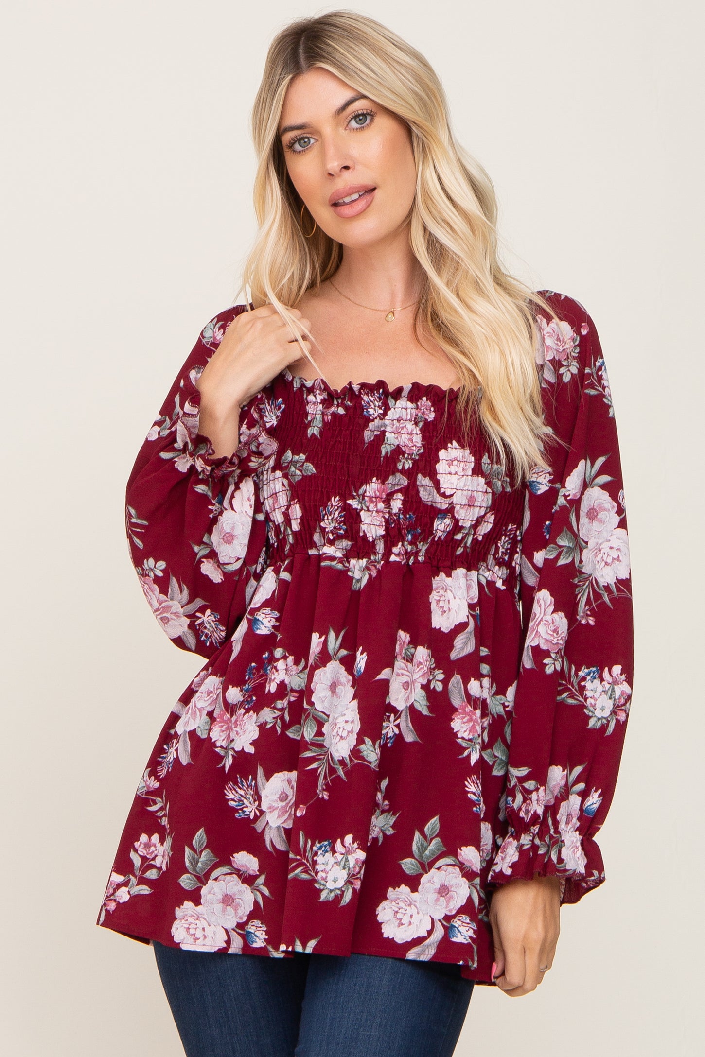 Burgundy Floral Smocked Long Sleeve Blouse – PinkBlush