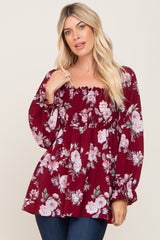 Burgundy Floral Smocked Long Sleeve Maternity Blouse