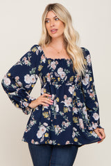 Navy Floral Smocked Long Sleeve Maternity Blouse