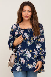 Navy Floral Smocked Long Sleeve Maternity Blouse