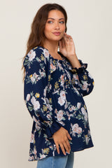 Navy Floral Smocked Long Sleeve Maternity Blouse