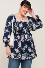 Navy Floral Smocked Long Sleeve Plus Blouse