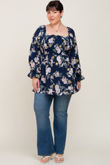 Navy Floral Smocked Long Sleeve Plus Blouse