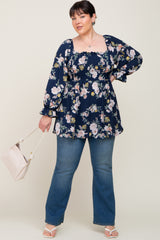 Navy Floral Smocked Long Sleeve Plus Blouse