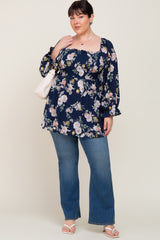 Navy Floral Smocked Long Sleeve Plus Blouse