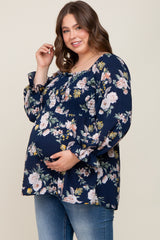 Navy Floral Smocked Long Sleeve Maternity Plus Blouse