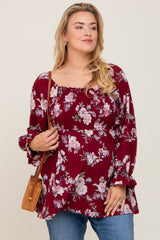 Burgundy Floral Smocked Long Sleeve Maternity Plus Blouse