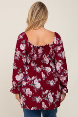 Burgundy Floral Smocked Long Sleeve Maternity Plus Blouse