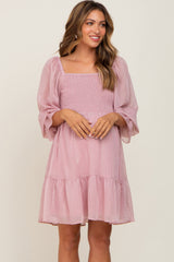 Pink Metallic Stripe Smocked Maternity Dress