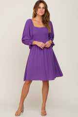 Purple Smocked 3/4 Sleeve Dress