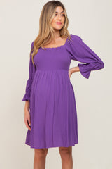 Purple Smocked 3/4 Sleeve Maternity Dress