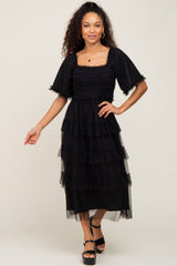 Black Dot Smocked Ruffle Tiered Maternity Midi Dress