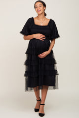 Black Dot Smocked Ruffle Tiered Maternity Midi Dress