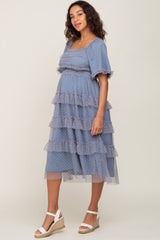 Blue Dot Smocked Ruffle Tiered Maternity Midi Dress