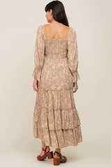 Beige Floral Cutout Smocked Tiered Maxi Dress